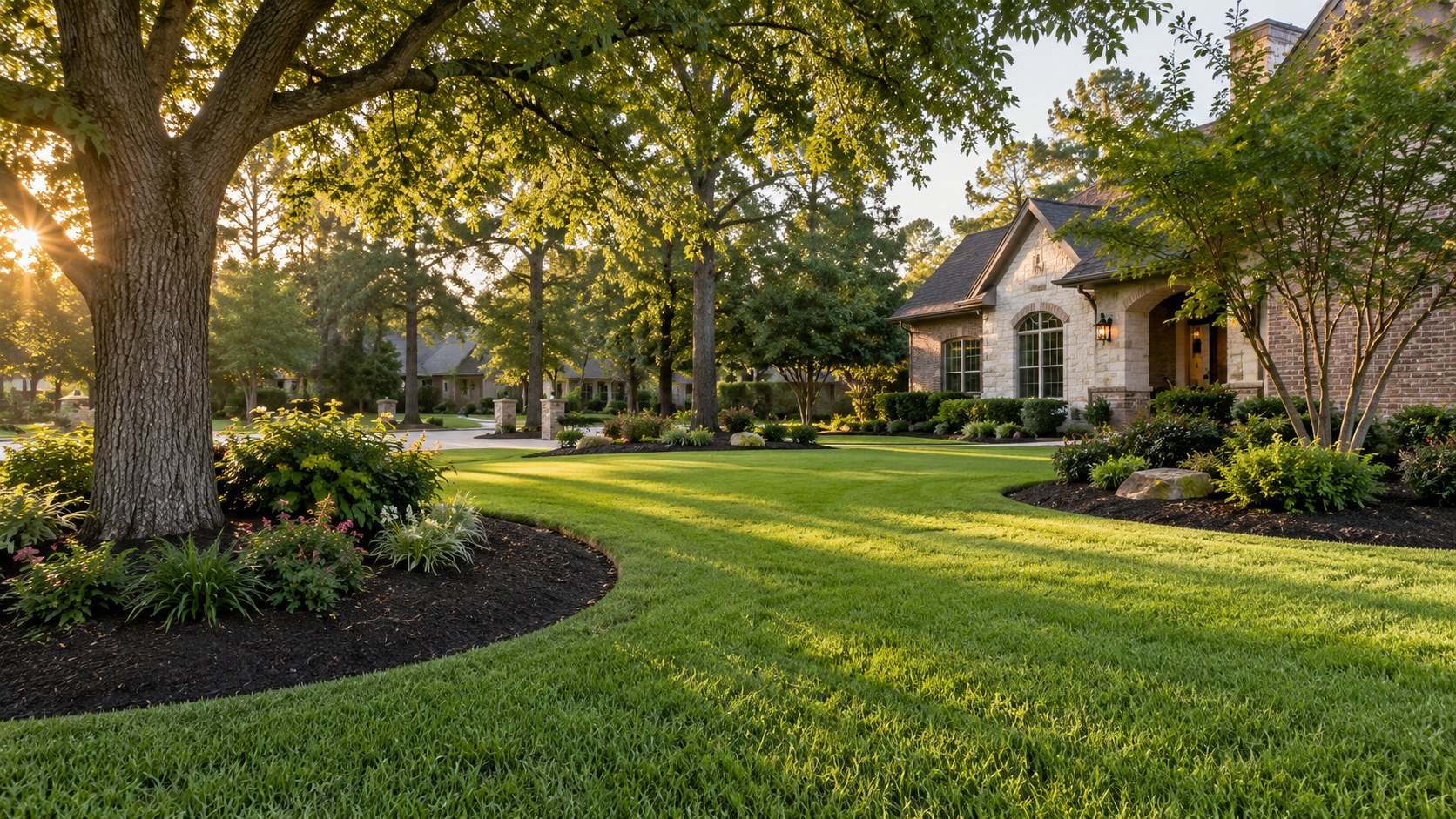Illustrative landscaped yard with a green lawn, shade trees and mulch beds